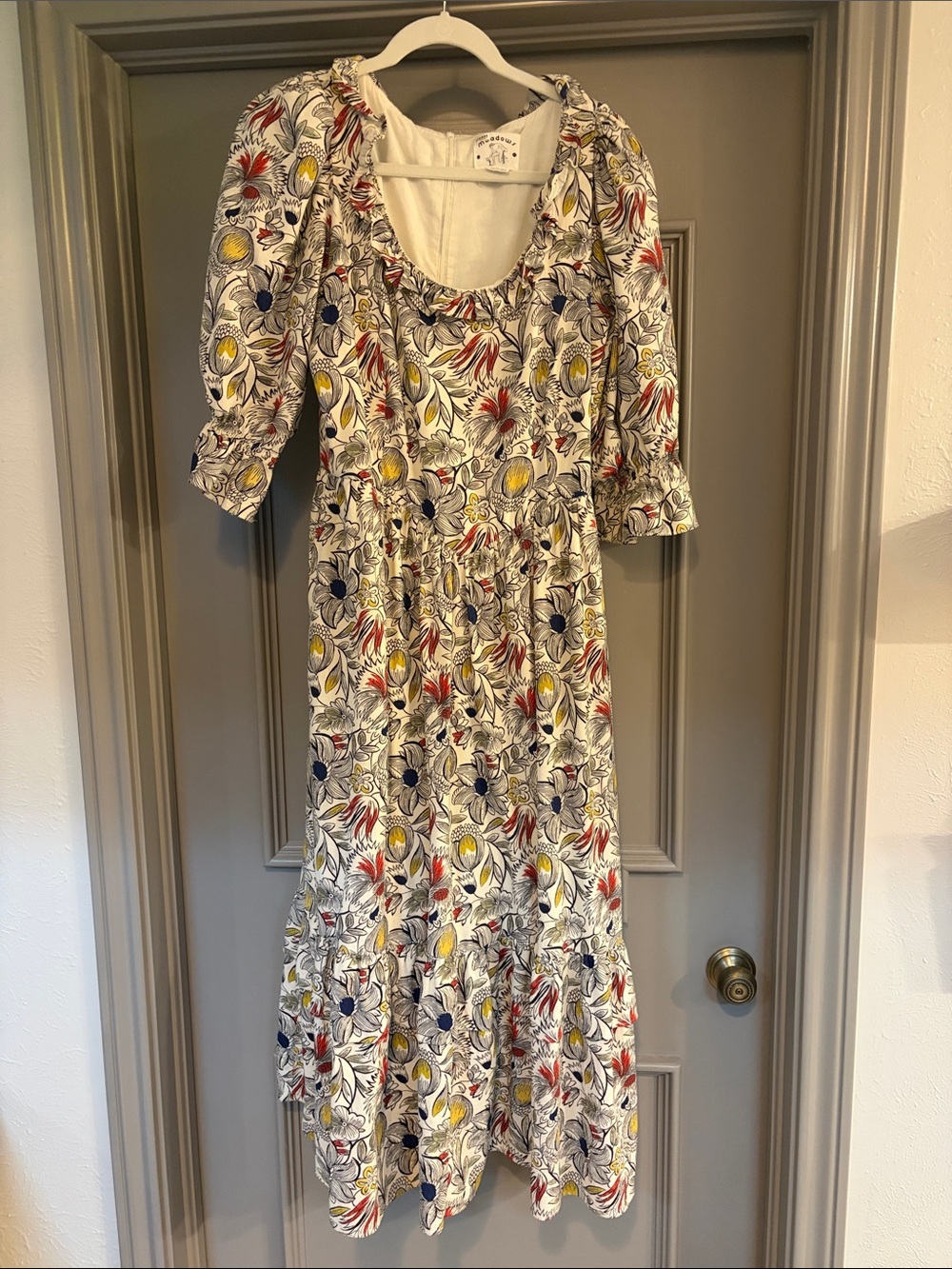 Anthropologie White Midi Dress with Yellow, Navy & Red Floral Print